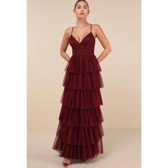 Lulus Dresses & Skirts - Lulus Rule The Runway Burgundy Tulle Surplice Tiered Maxi Dress Small NWT